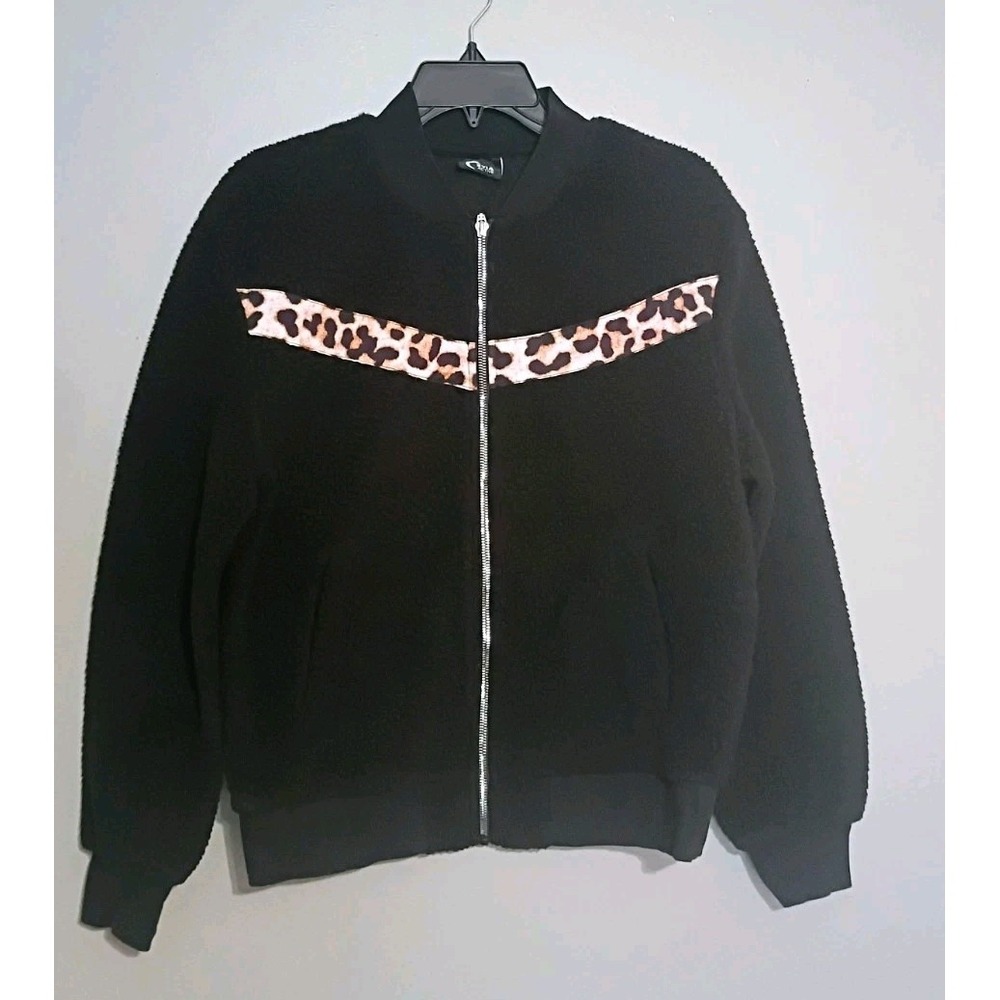 Zyia Active Women's M Black Full Zip Fleece Track Jacket Leopard Print Pockets